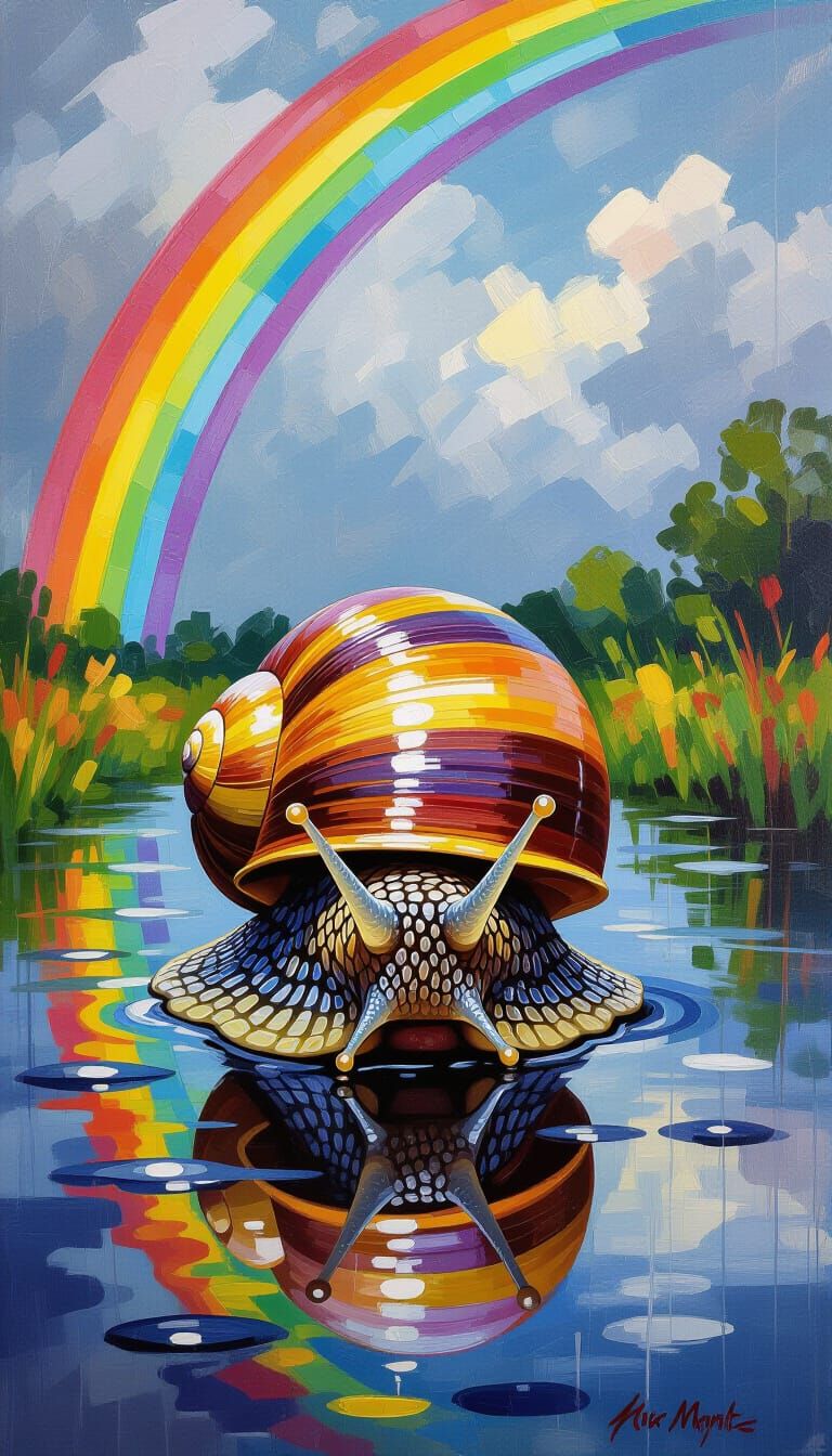 Glossy Snail Slides Under Rainbow Light in Impressionistic S...