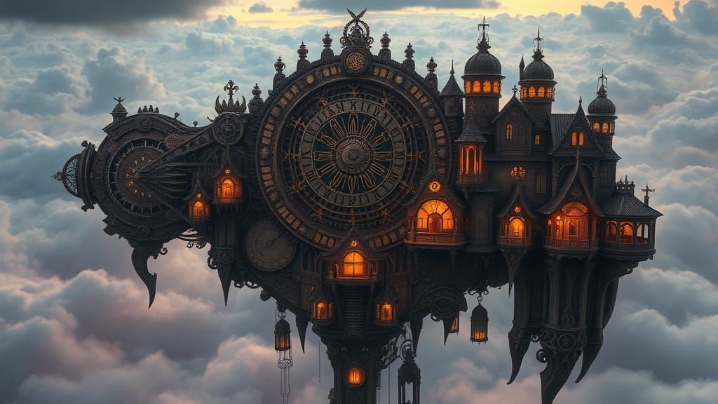 Epic Clockwork Village in the Skies, Cinematic Digital Art