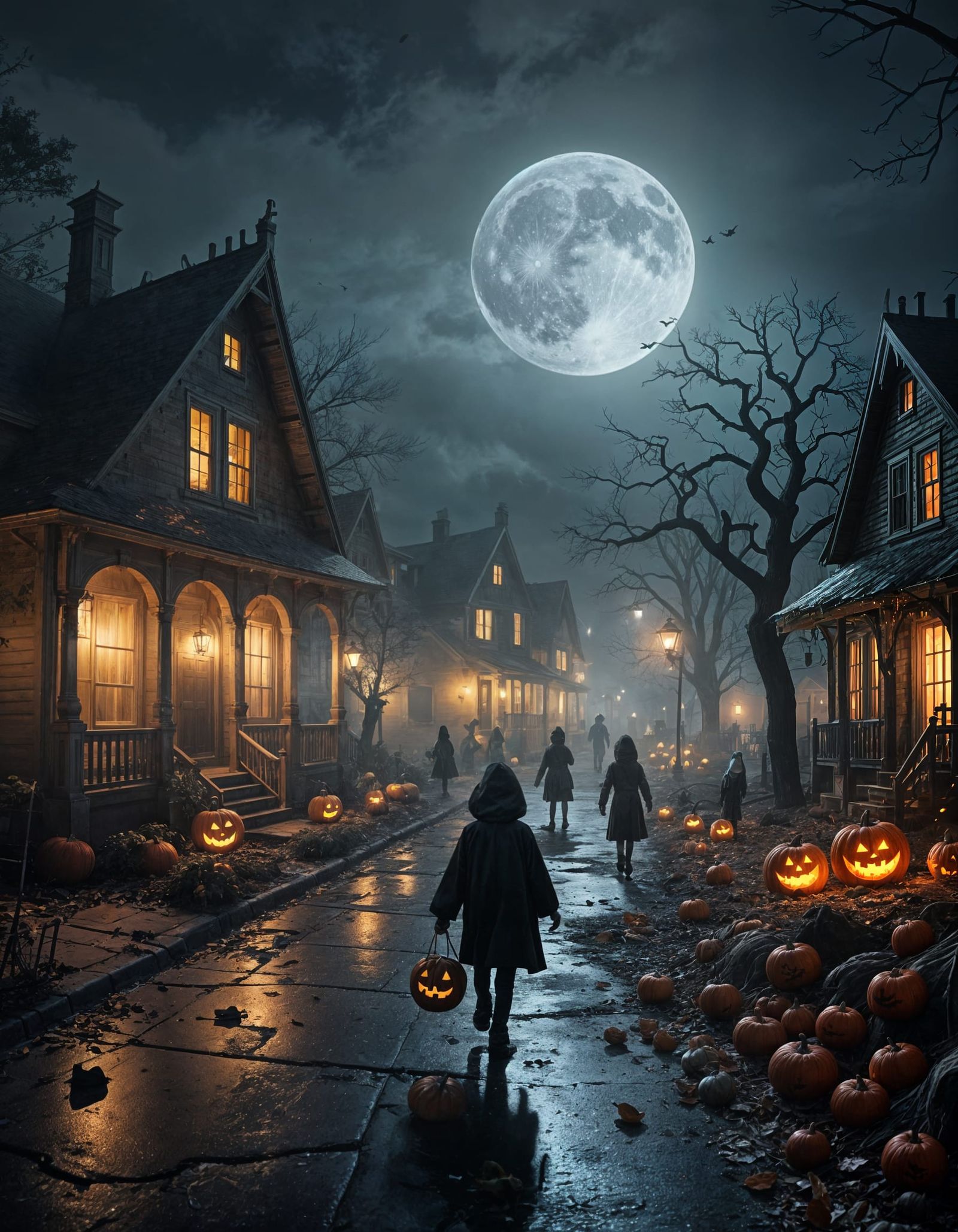 Children Trick-or-Treating in a Foggy Haunted Neighborhood