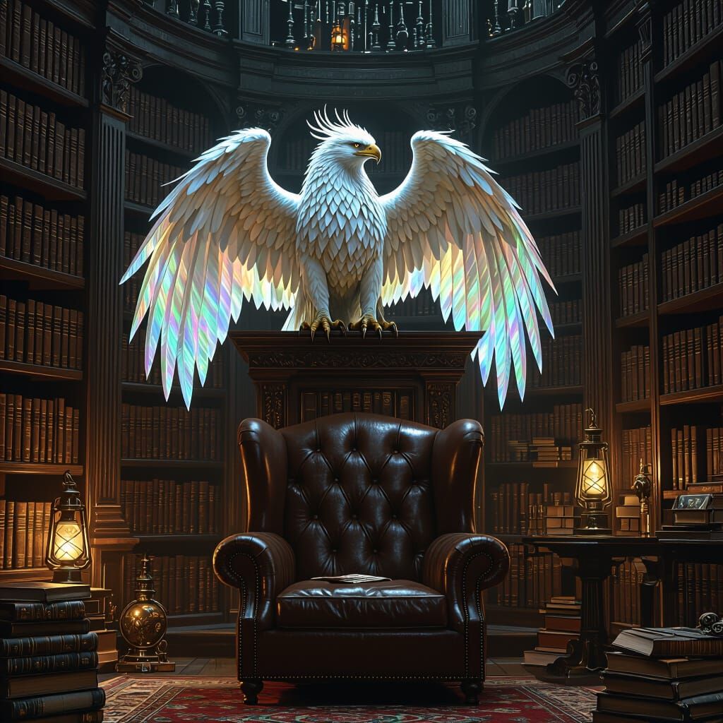Griffin Perched Atop Ancient Bookshelf in Dim Library