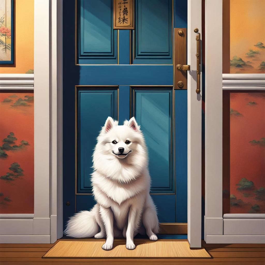 Hokusai-Style Japanese Spitz Ready for a Walk