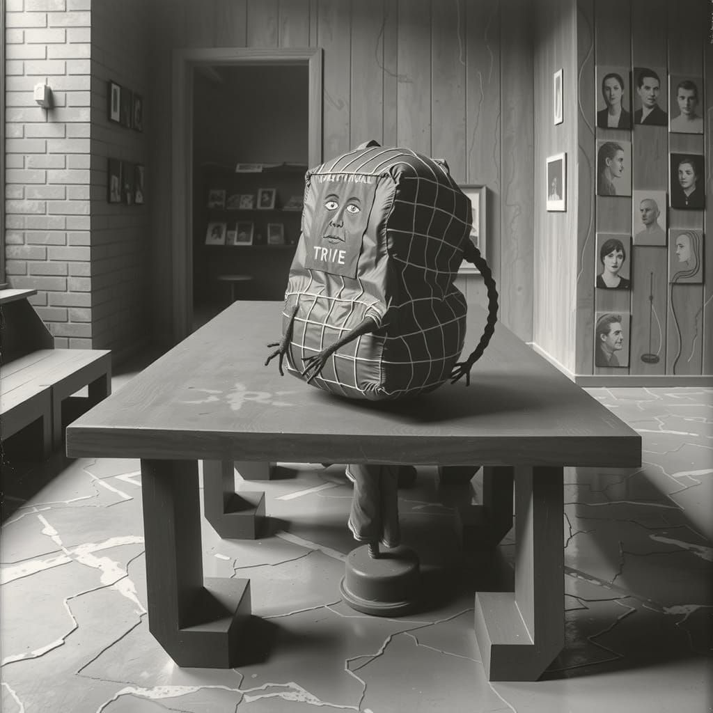 Stark Linocut Figures in Art Gallery