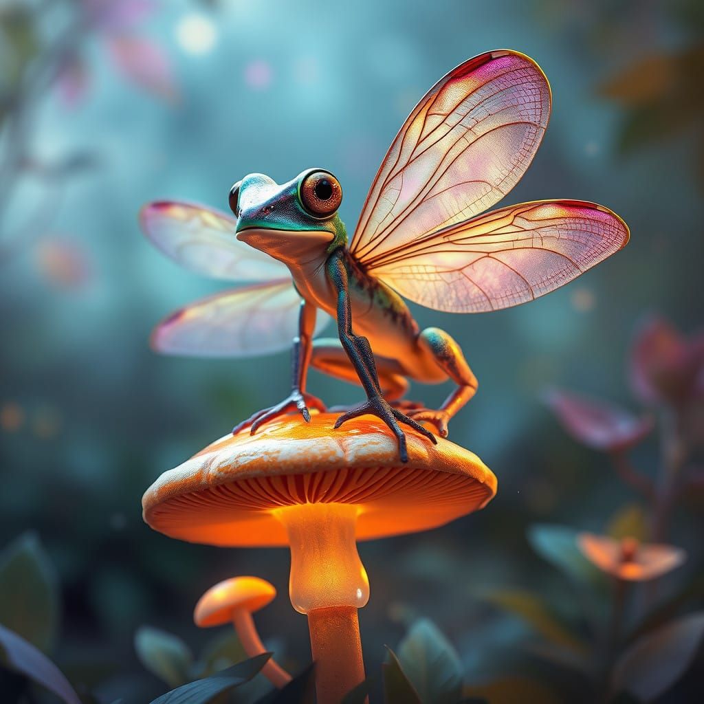 Majestic Dragonfly-Frog Hybrid Perched on Glowing Mushroom