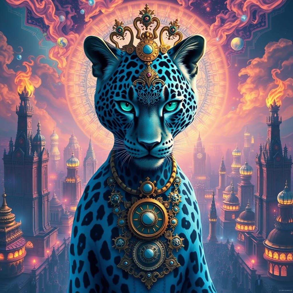 Blue Leopard Queen Reigns in Surreal Cityscape
