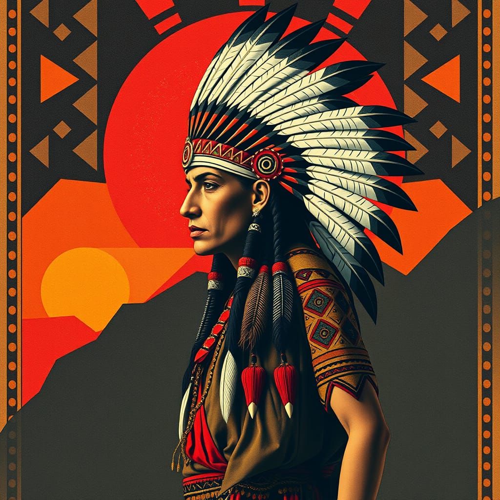 Art Deco Native American Figure with Geometric Patterns