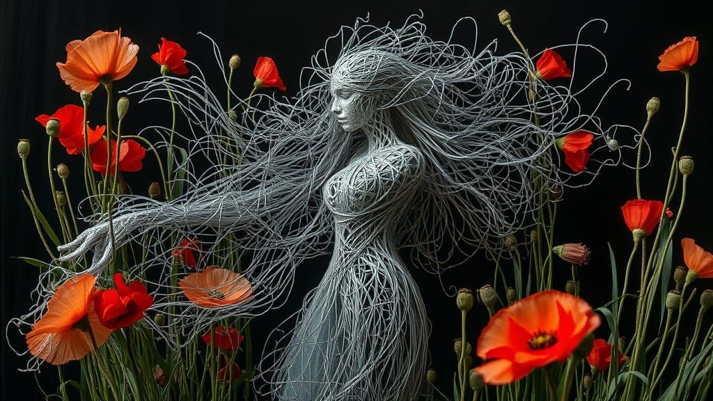 Eco-Art: Woman of Strings Amidst Poppies