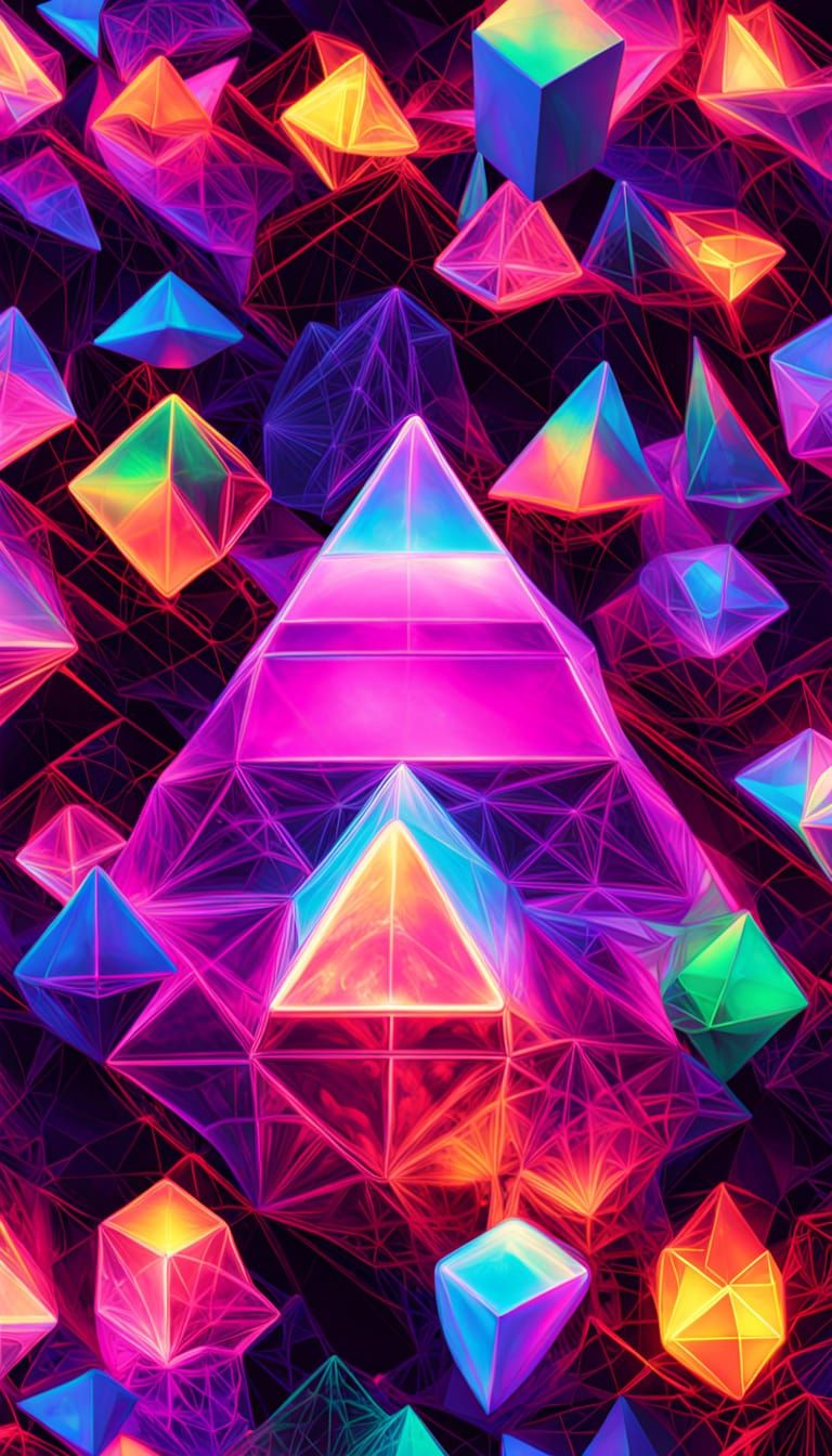 Rainbow Pyramid of Iridescent Neon Geometric Shapes
