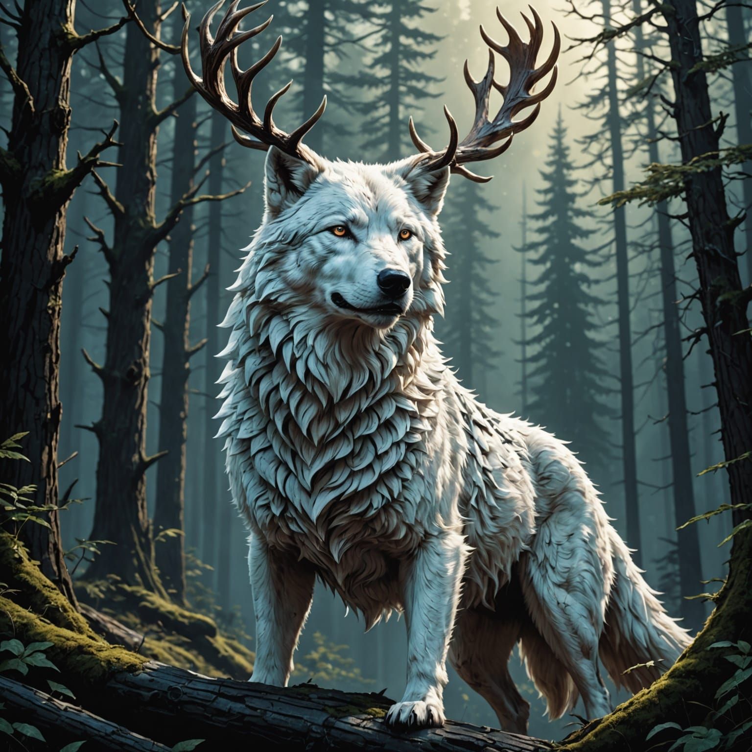 Majestic White Wolf with Antlers: Digital Matte Painting