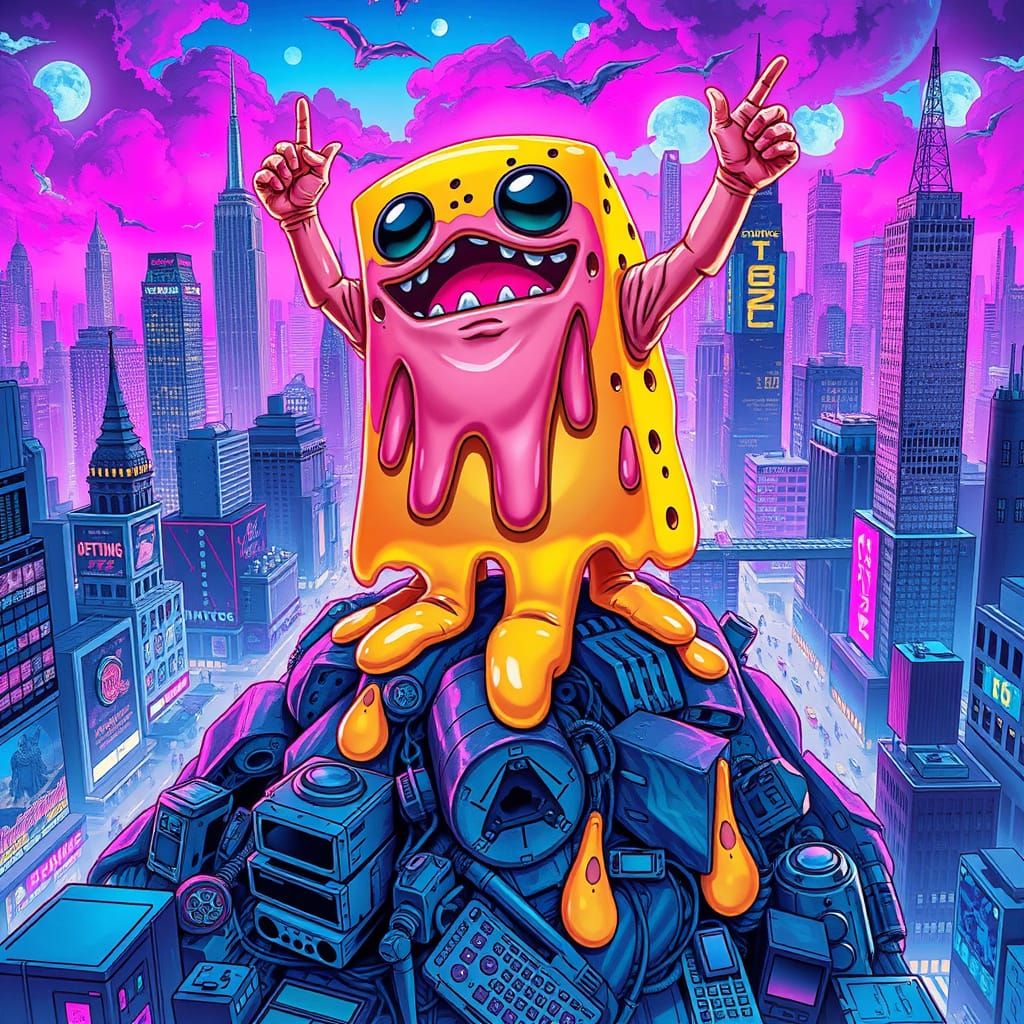 Cheese Monster Victorious in Vaporwave Cyberpunk City