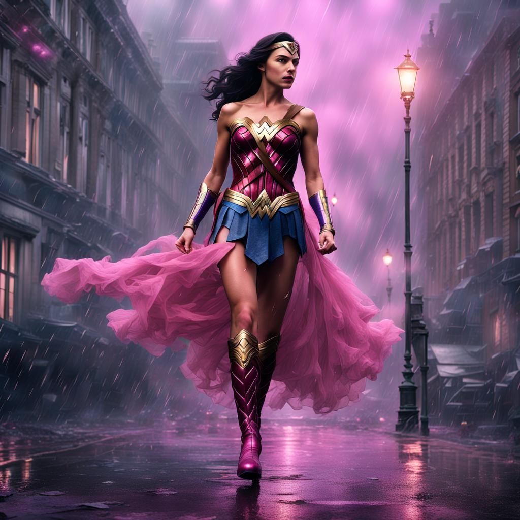 Wonder Woman in Pink Dress in Rainy London