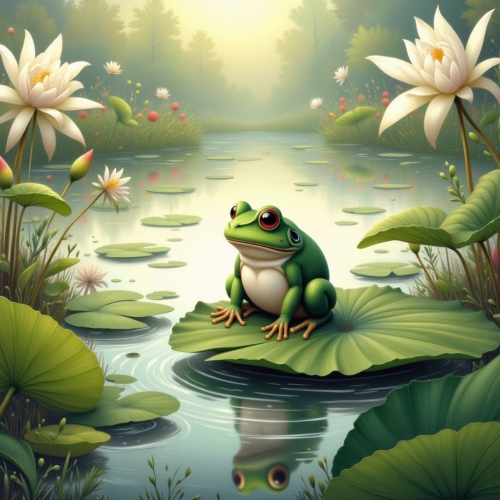 Frog Prince on Lily Pad in Impressionist Style