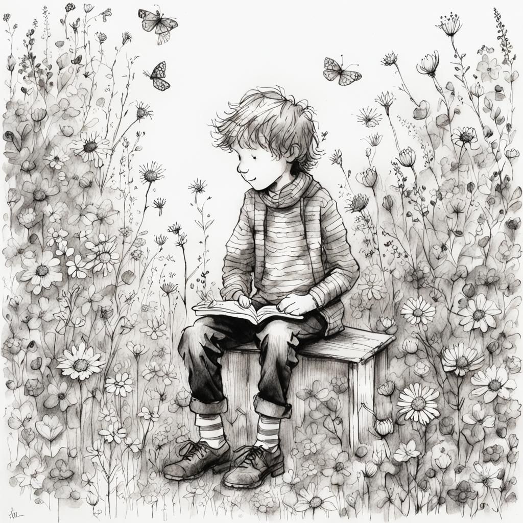 Boy Prince in Garden: Quirky Ink Doodle
