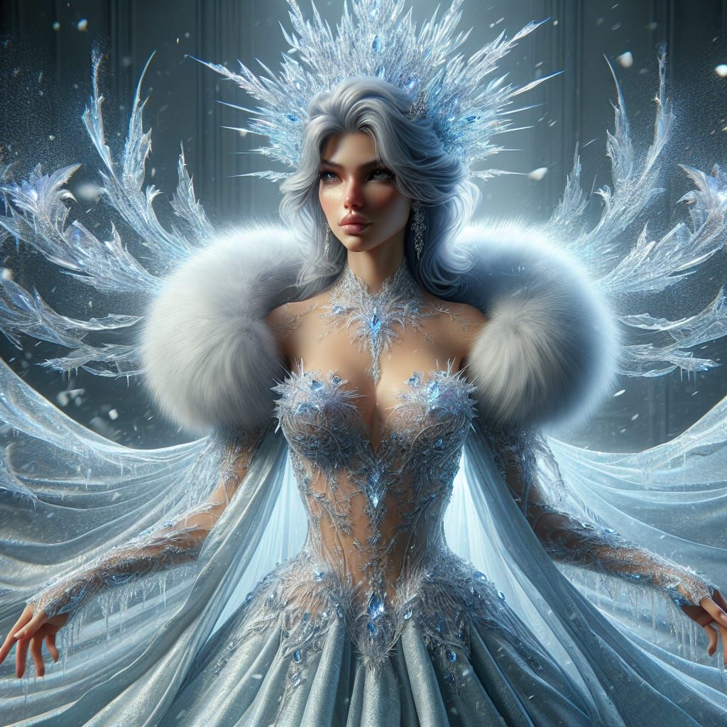 Elegant Ice Queen Character in Hyper-Realistic Fantasy Style