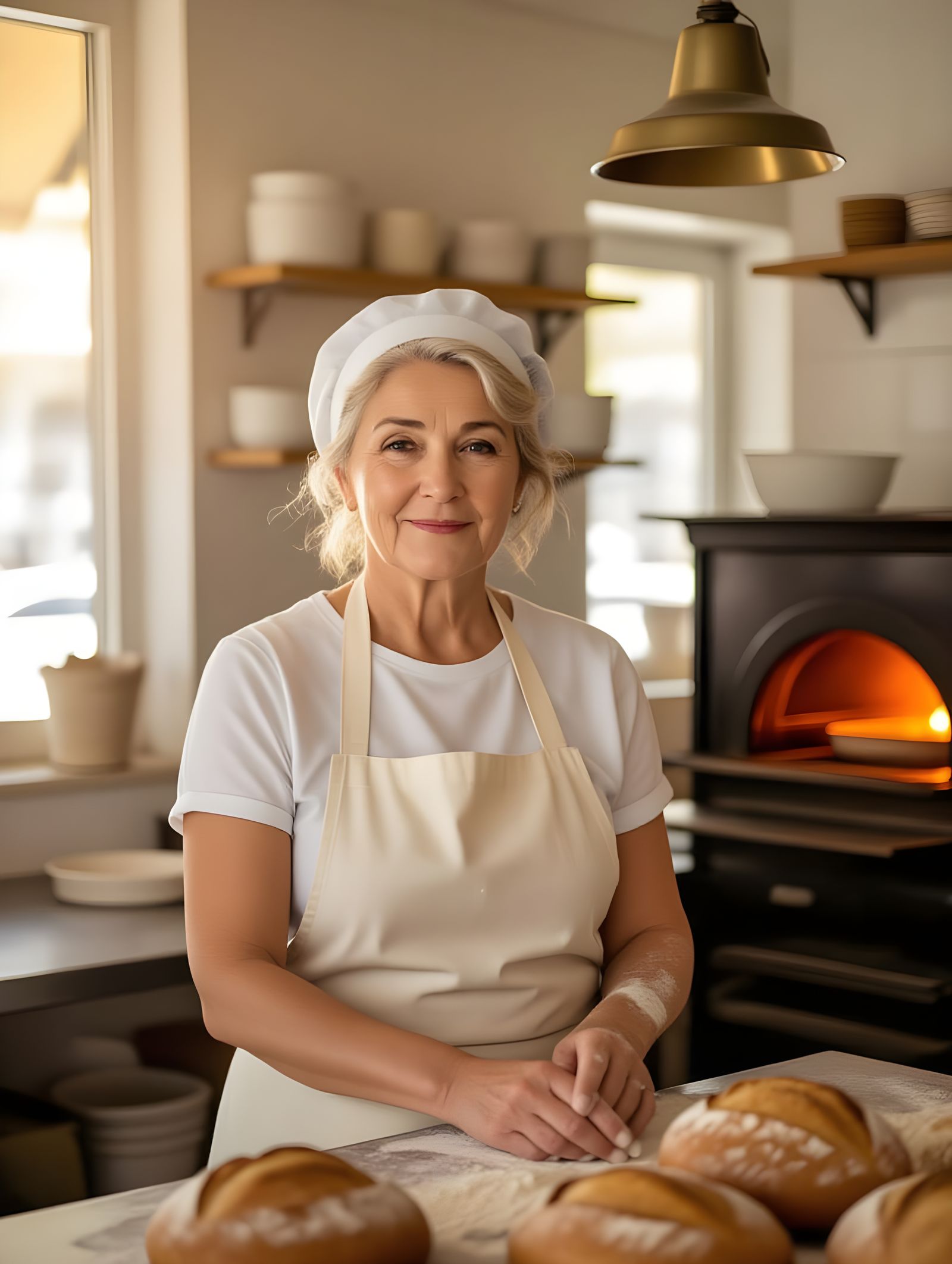 Woman Baker Radiant in Flour Dust, Gazing Longingly into the...