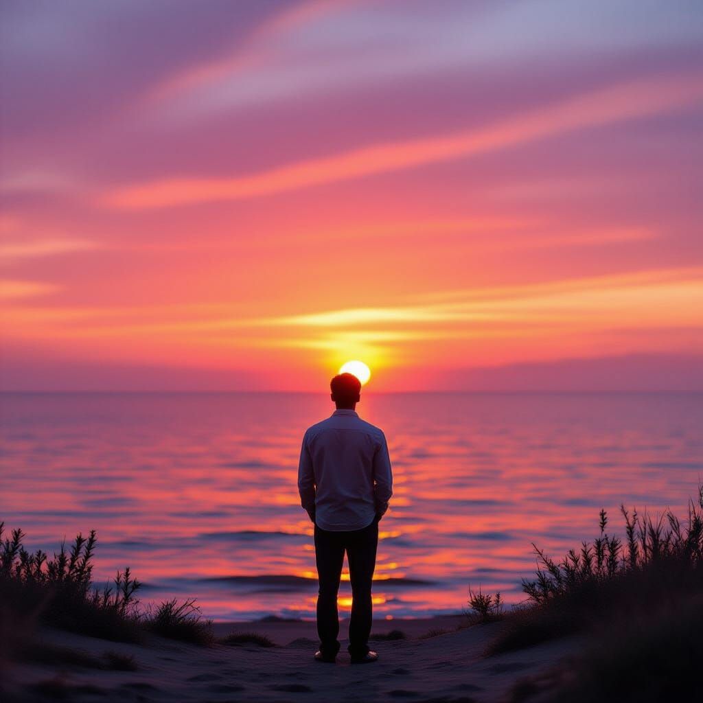 Man at Sunset in Soft Focus, Dreamy Landscape