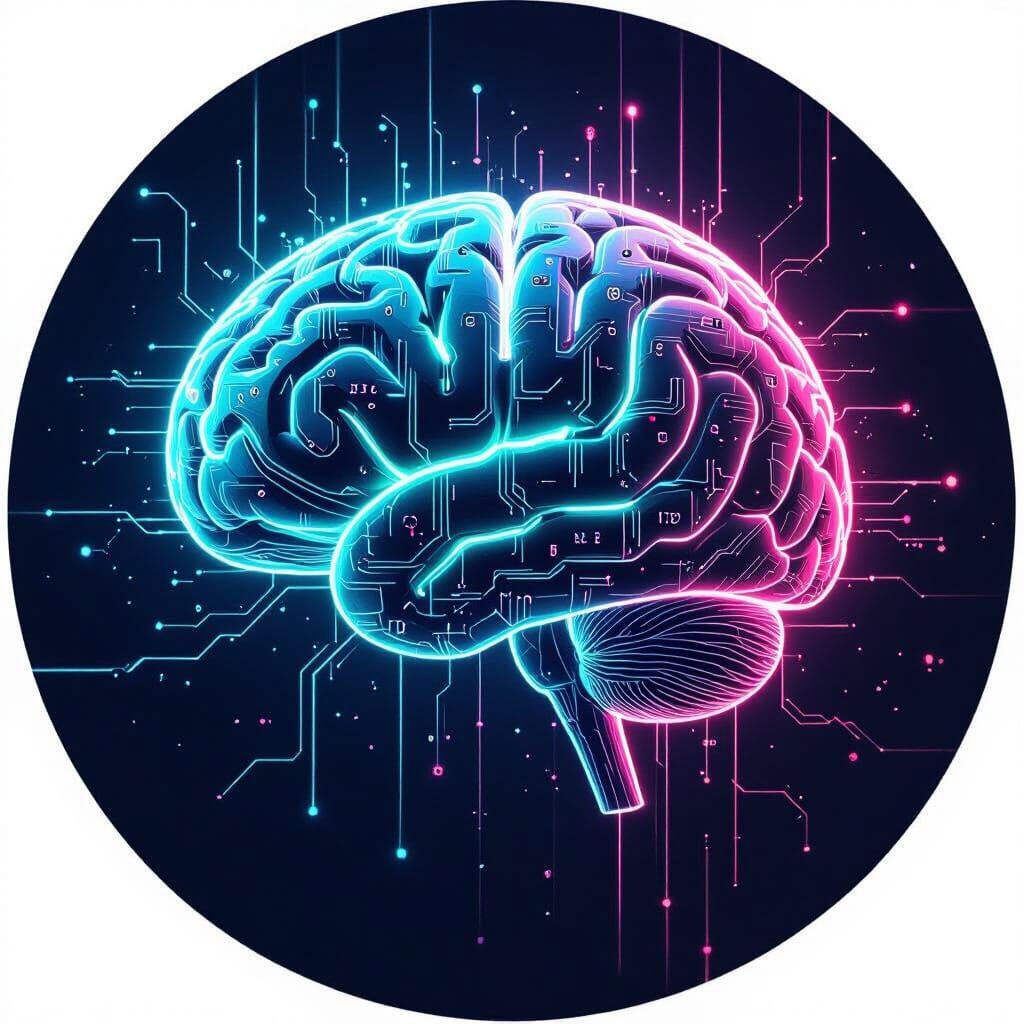 Glowing Brain with Neon Circuits in Dark Void