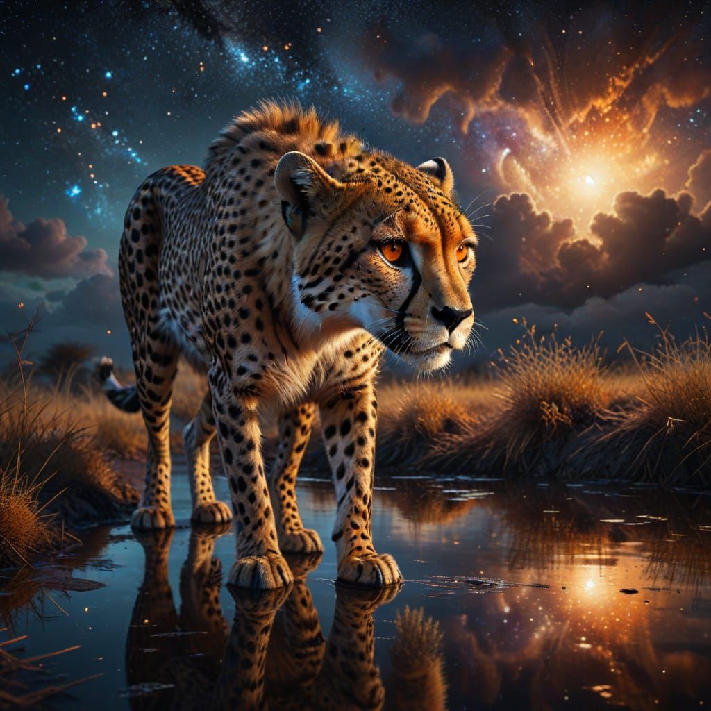 Cheetah's Reflection in Starry Savanna Waterhole