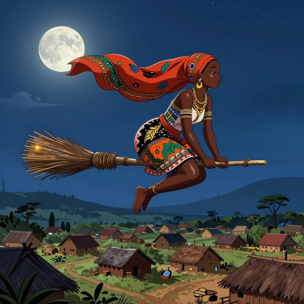 African Folklore Illustration of Madam Ifeoma Flying at Nigh...