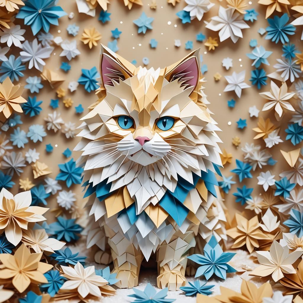 Origami Paper Art Cat in Winter Snow