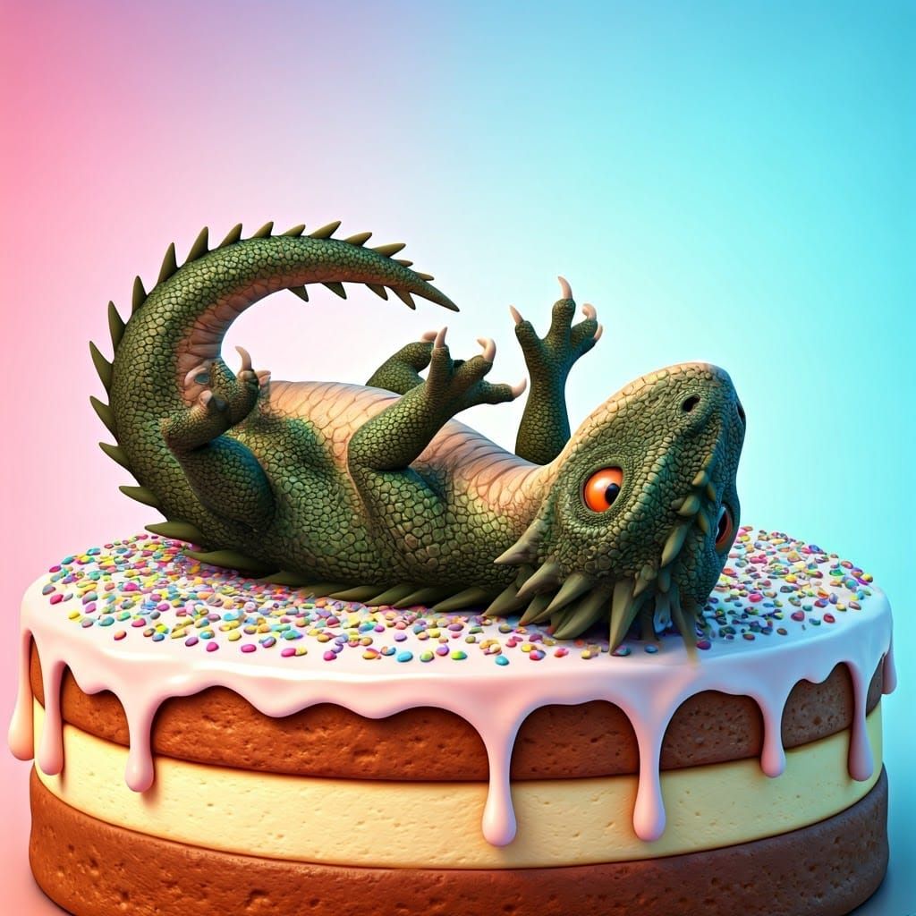 Baby Dragon on Cheesecake: Pixar-Style 3D Render