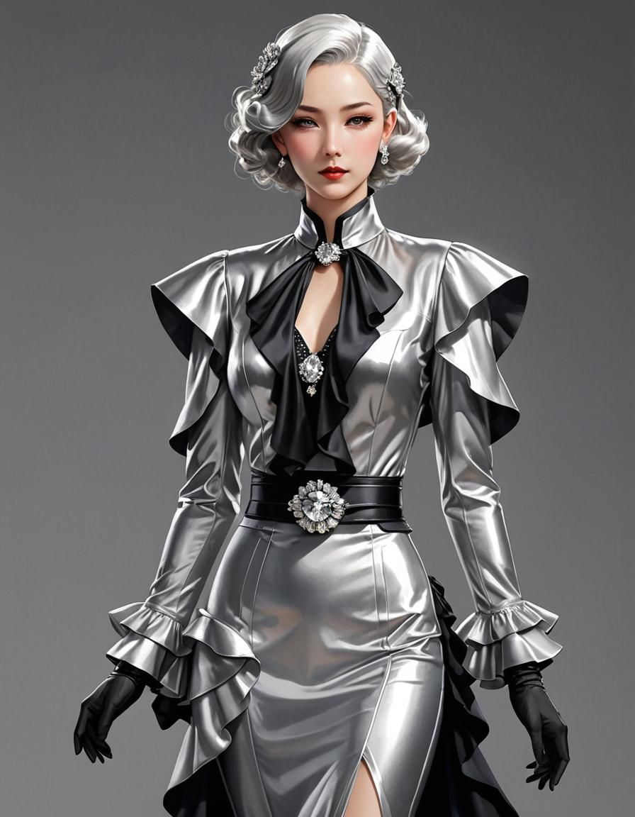 Elegant 1930s Silver Dress in Anime Style