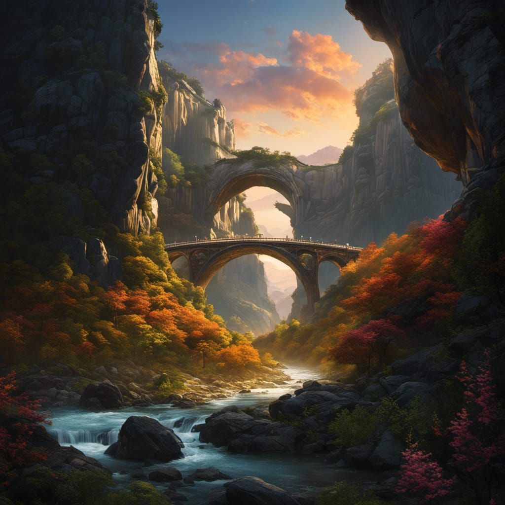 Monumental Arch Bridge Over Bioluminescent Valley