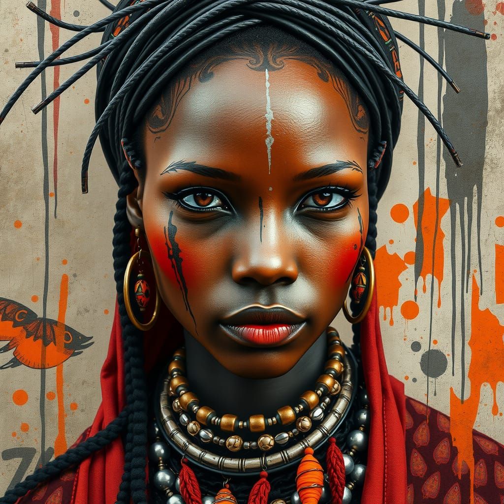 Maasai Woman in Flowerpunk Style, Urban Backdrop