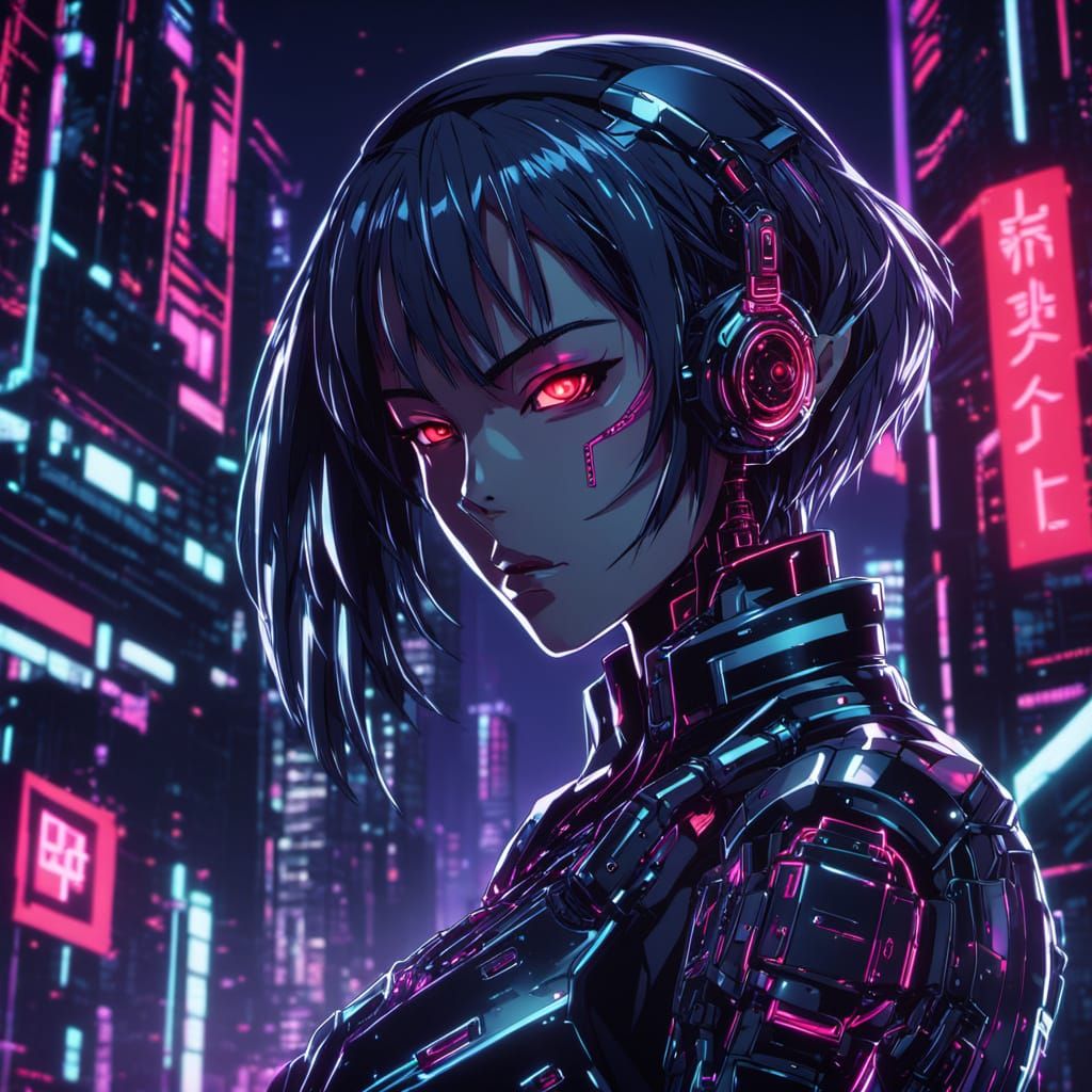 Cyberpunk Android with Glowing Circuitry in Anime Style