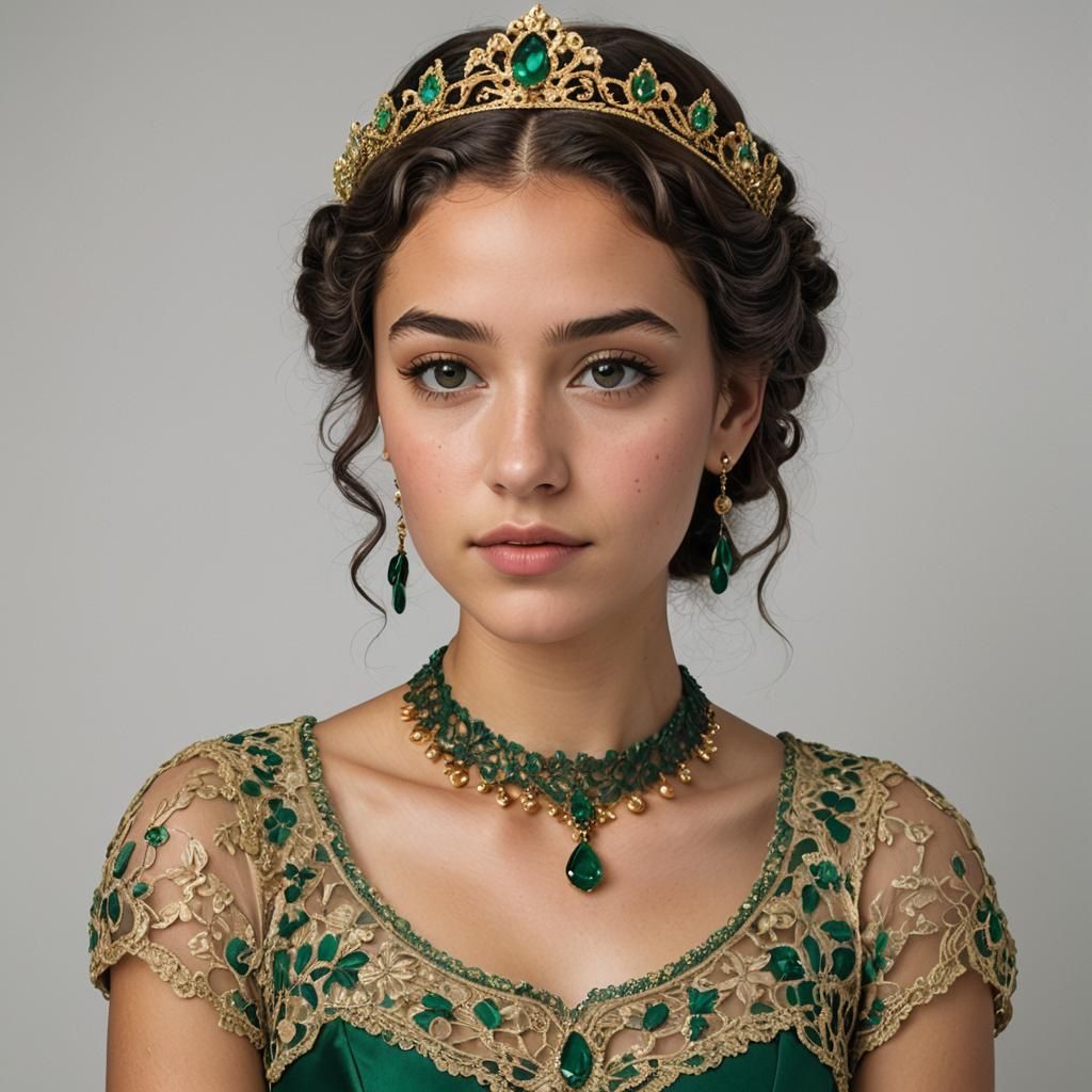 Young Woman Portrait in Emerald and Gold, Digital Art