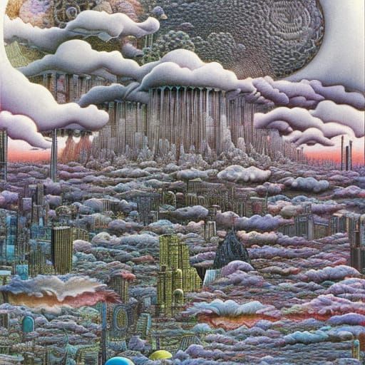 Psychedelic Metropolis Under a Sky of Fluffy Clouds