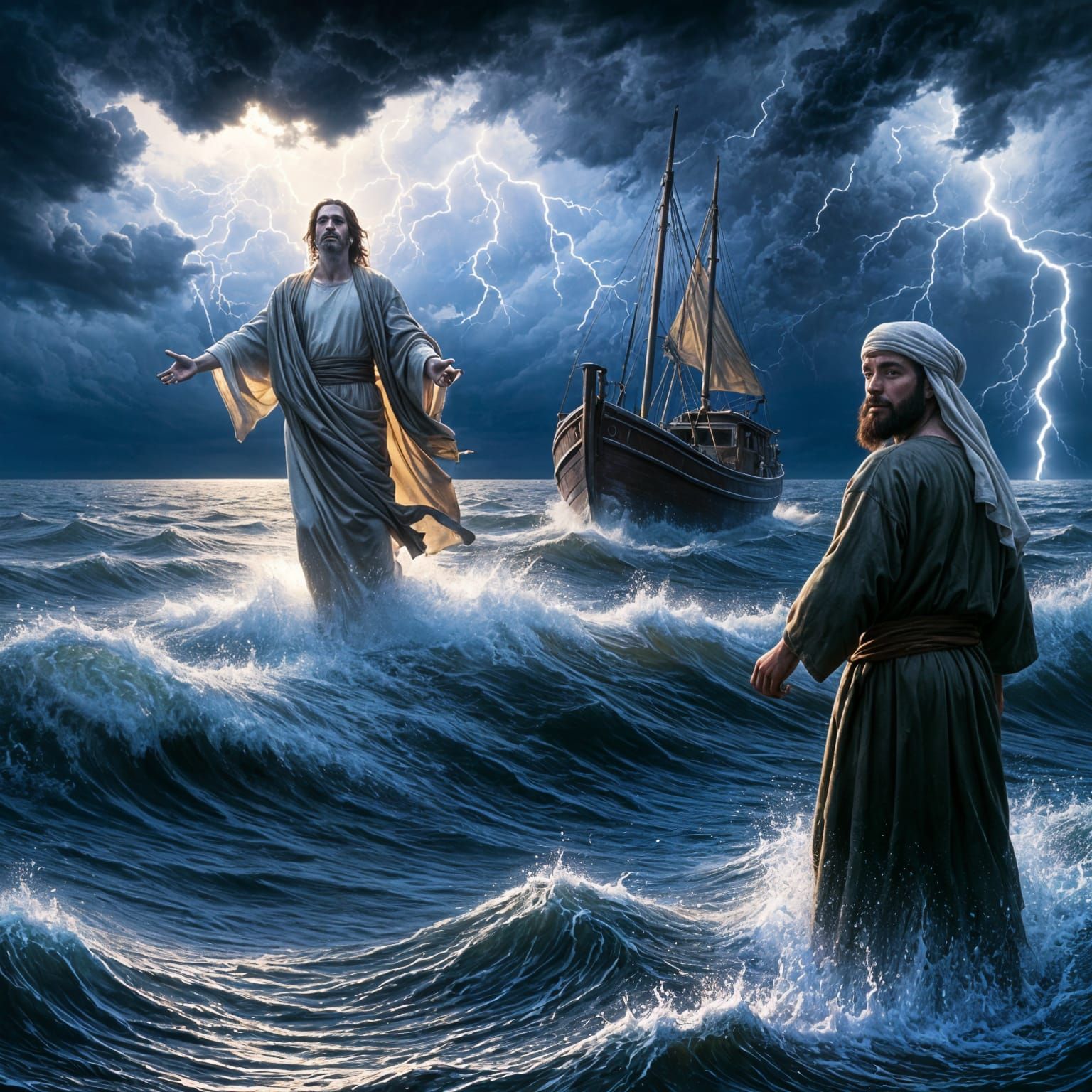 Biblical Prophet Walks on Water in Stormy Lake