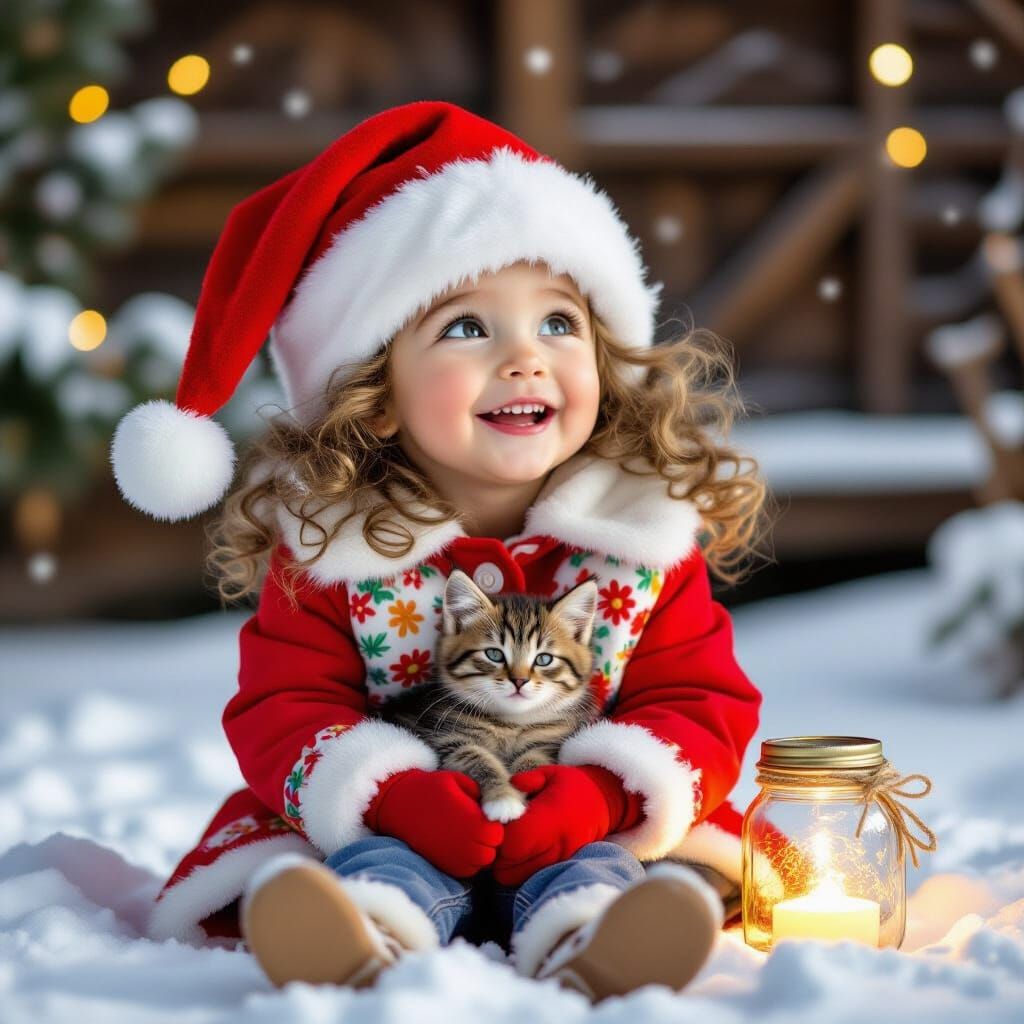 Joyful Girl and Kitten in Snowy Wonderland