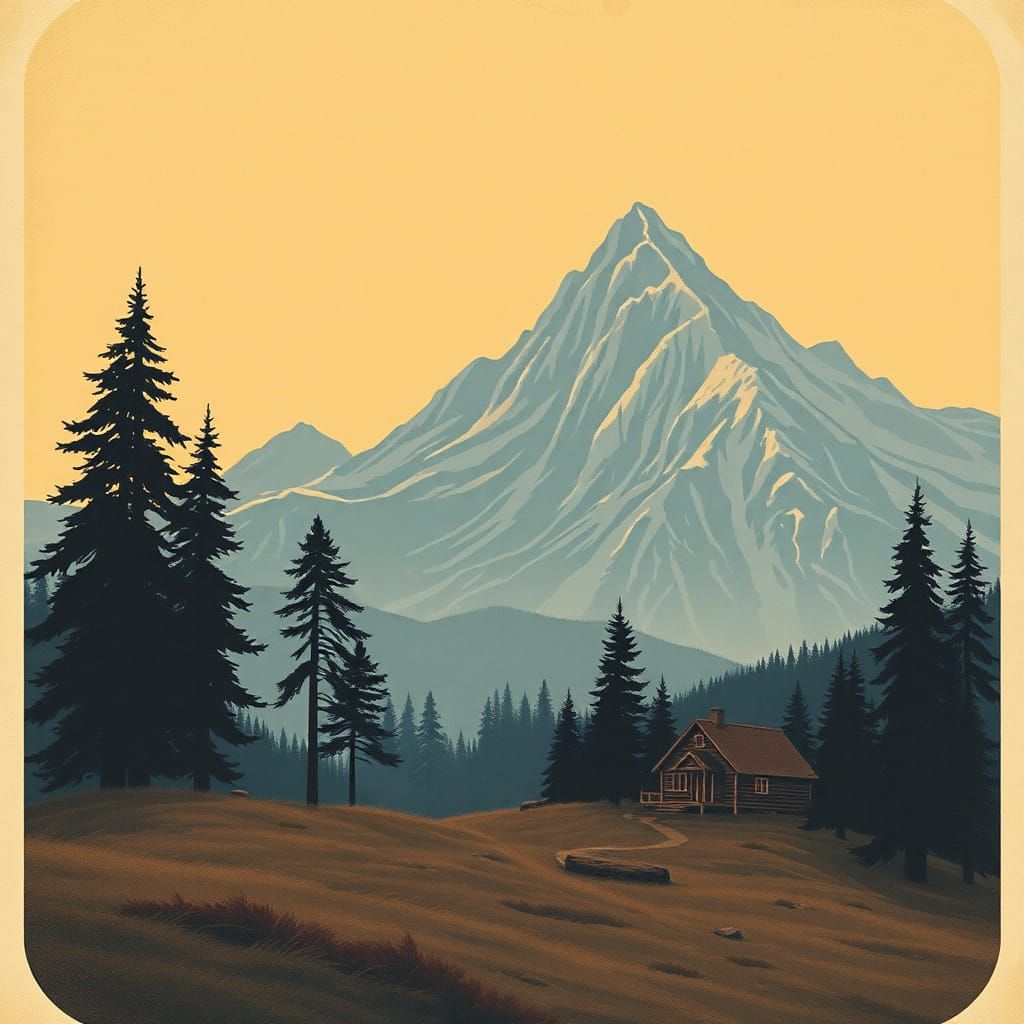Vintage Mountain Cabin Sunset Poster Art