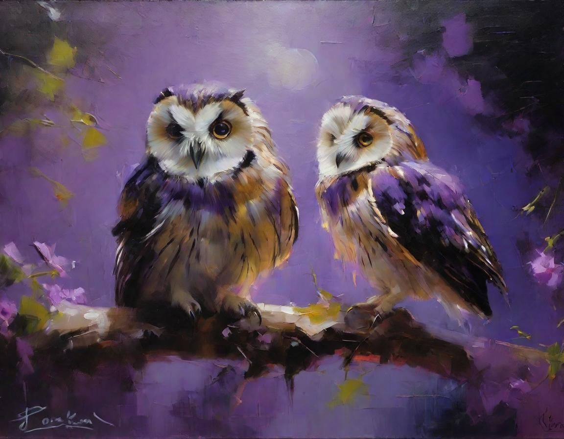 Two Owls at Night in Acrylic Oil Painting
