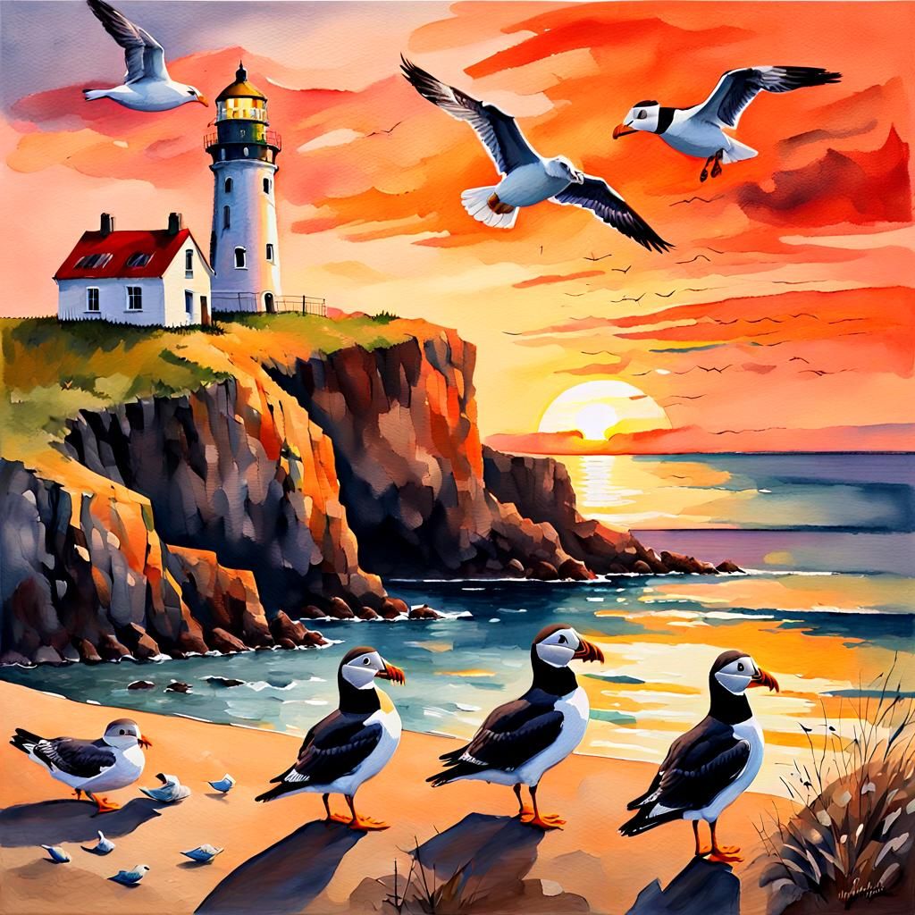 Seaside Lighthouse Sunset: Impressionist Gouache Painting