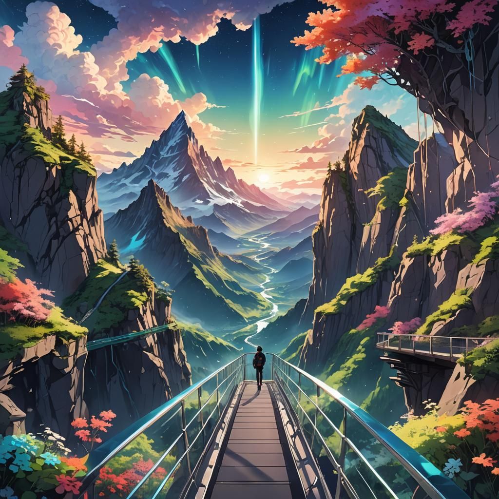 Luminous Skywalks: Surreal Mountains in Anime Style