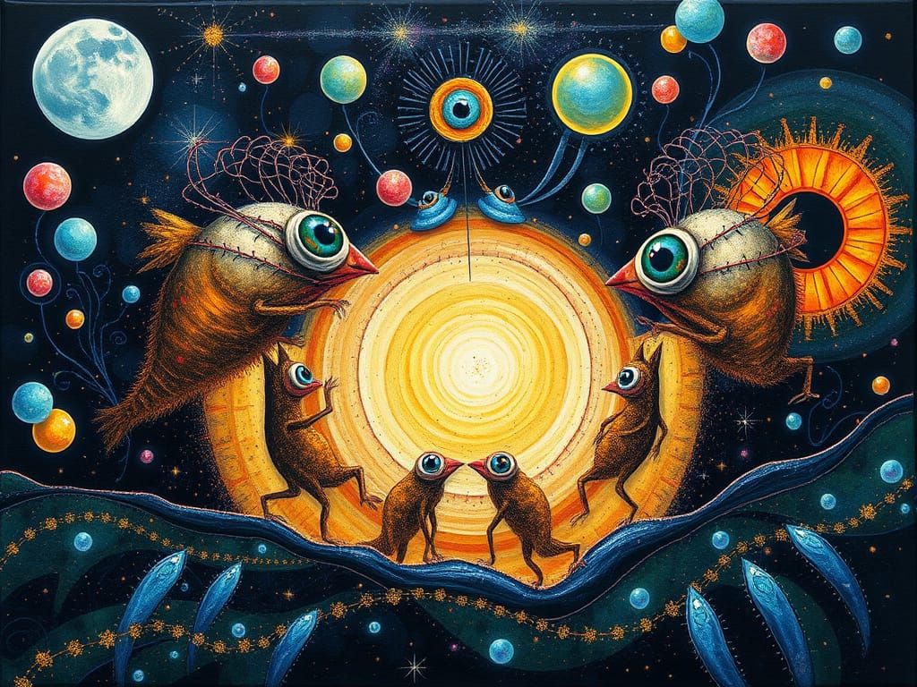 fuzrry eyeball hats dancing critters acrylic wash painted on glass couture inside out luminescent  dust waves metalorgan...