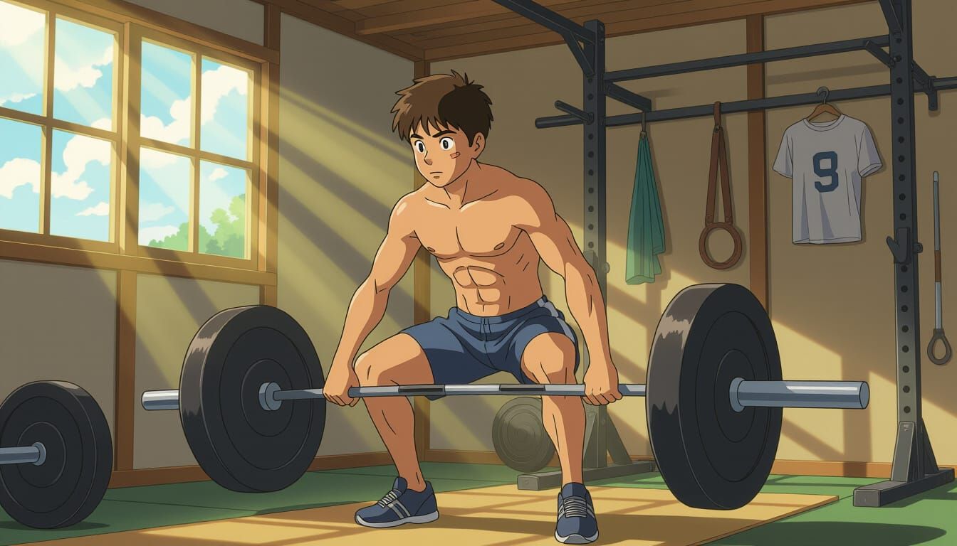Teenage Boy Lifts Weights in Sunlight Filled Gym