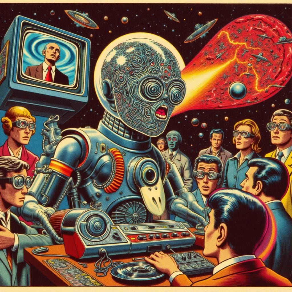 Retro-Futuristic Alien DJ in Neon-Lit Nightclub