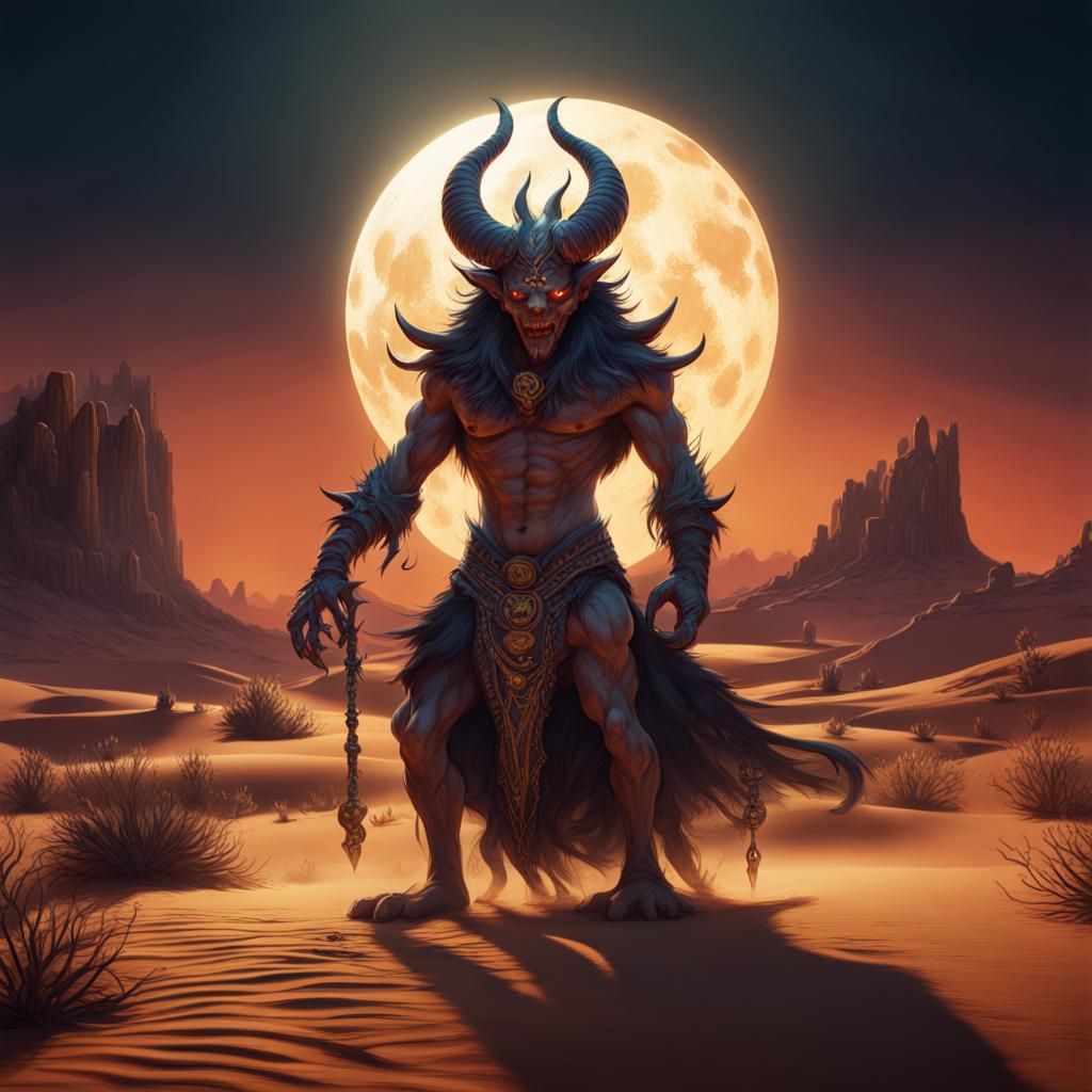 Desert Demon of Greed Under Full Moon