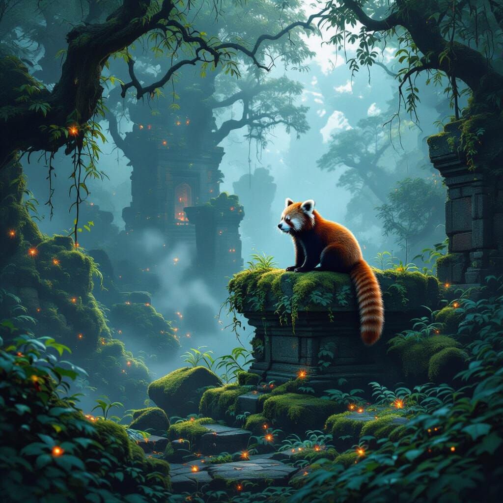Red Panda on Ancient Ruin in Bioluminescent Jungle