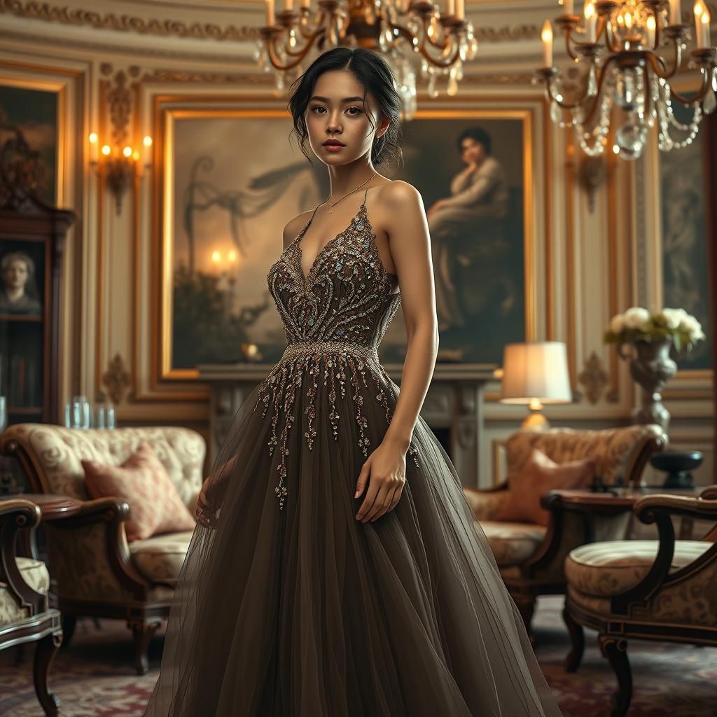 Victorian Woman in Beaded Gown, Hyperrealistic Style