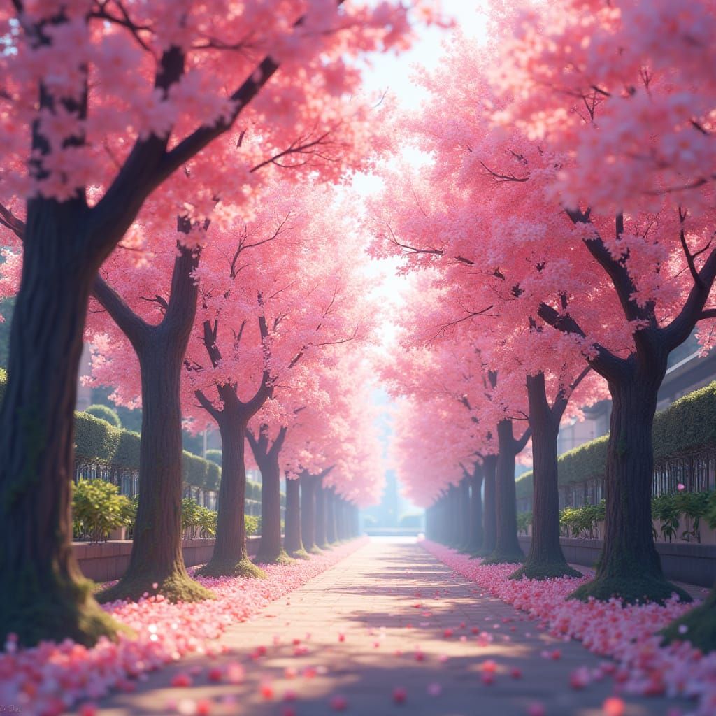 Surreal Blossoming Street Scene in Vibrant Anime Style