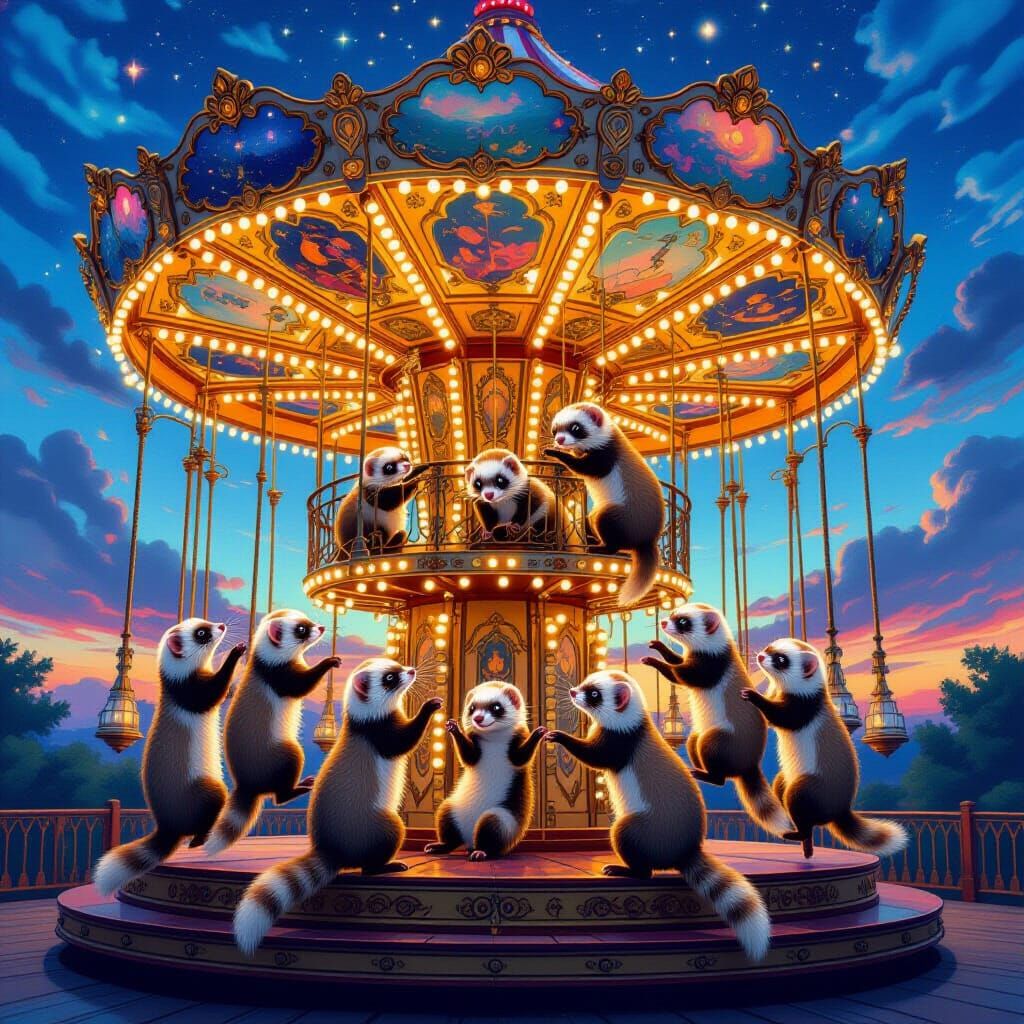 Cute Ferrets on Ornate Steampunk Carousel Under Nebula Sky
