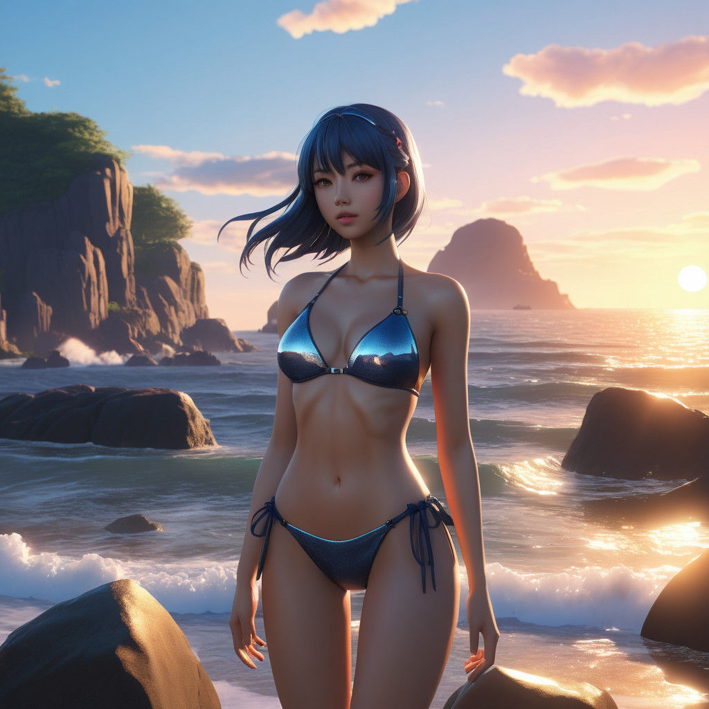 Vibrant Sunset Goddess in Anime-Inspired Bikini on Rocky Coa...