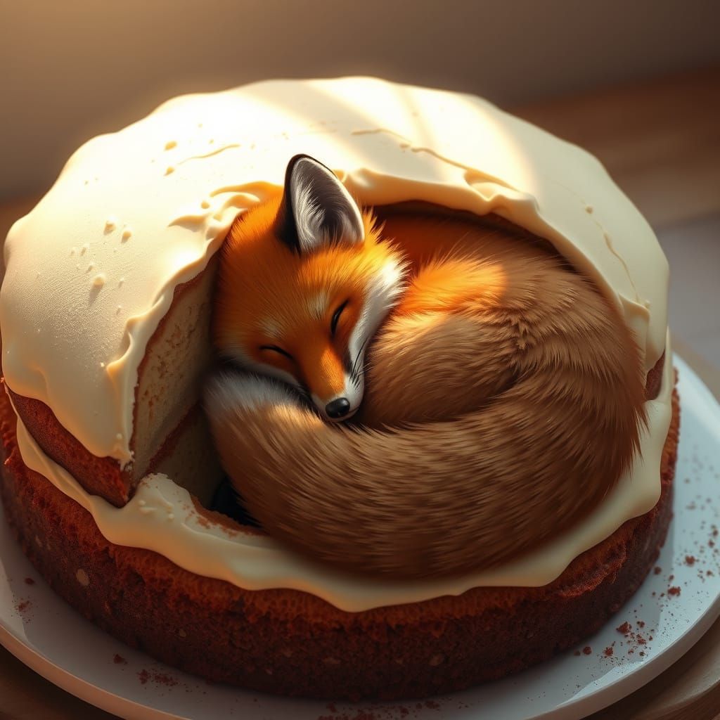 Red Fox Curled in Cake, 3D Anime Art