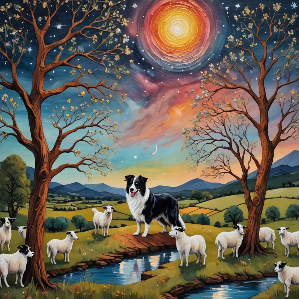 Border Collie Protects Sheep in Mystical Farm Landscape