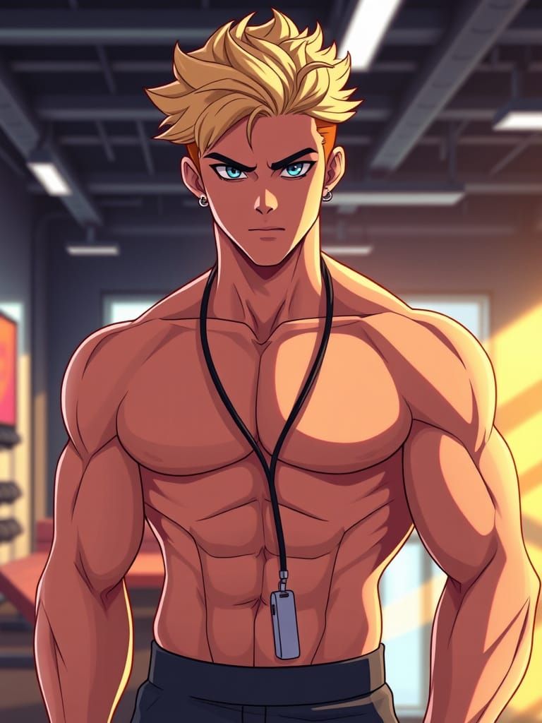 Anime Fitness Coach in a Vibrant Gym Scene