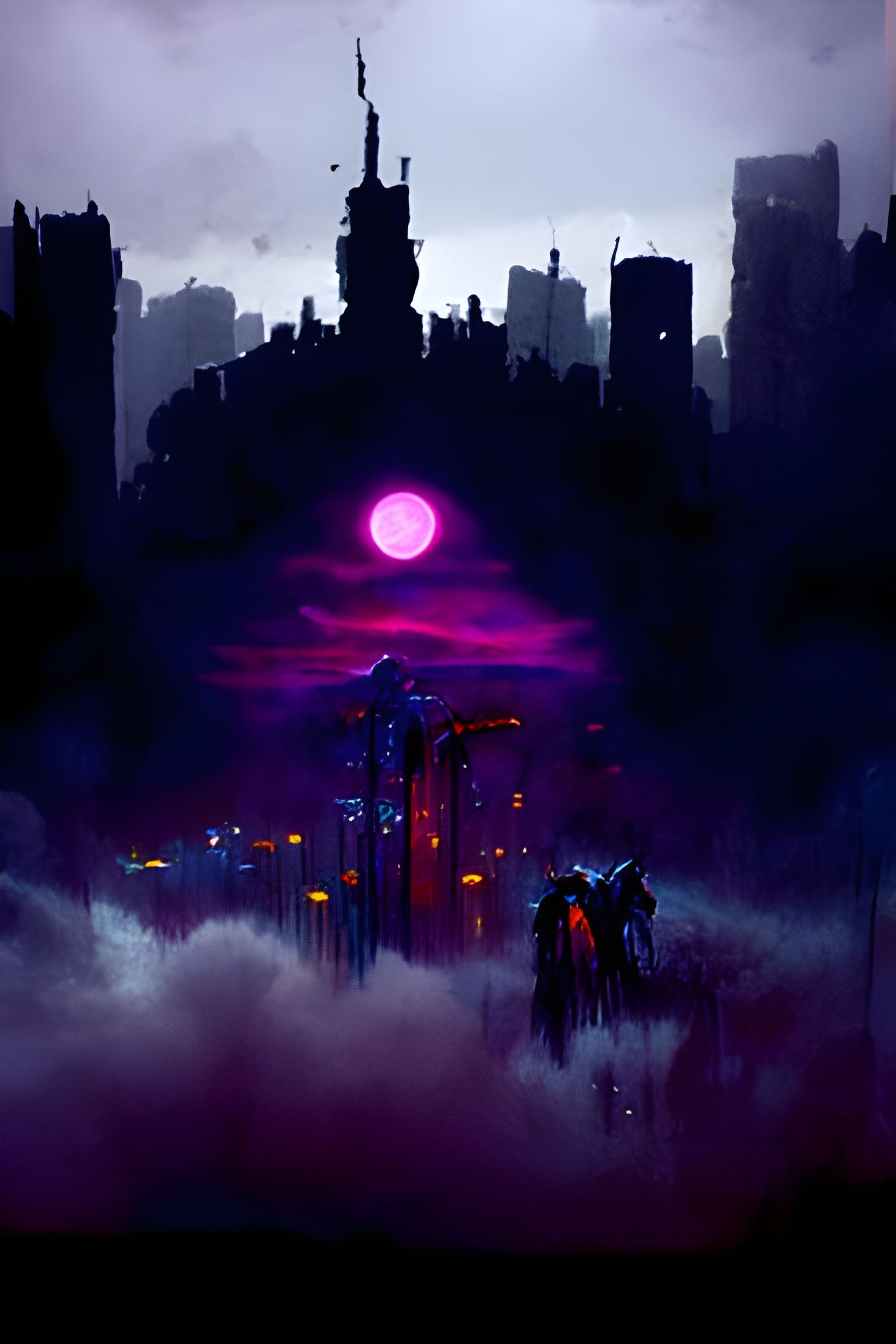 Purple Moon Sets Over Dark Cyberpunk City