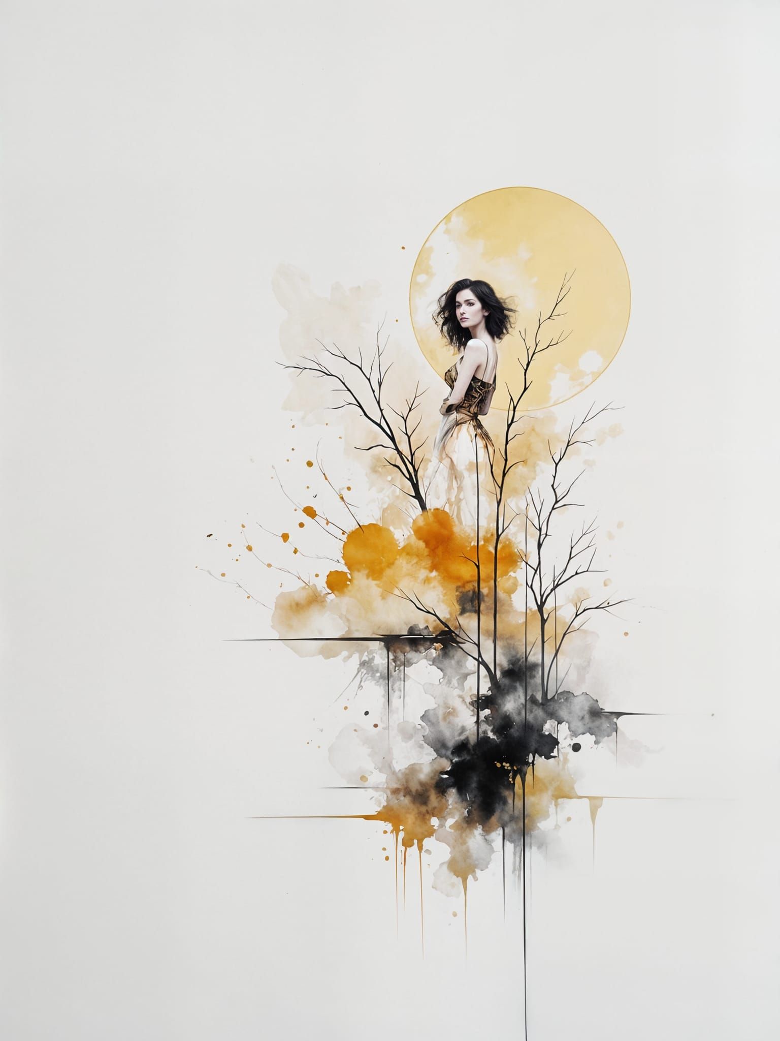 Woman in Gold Landscape with Calligraphy